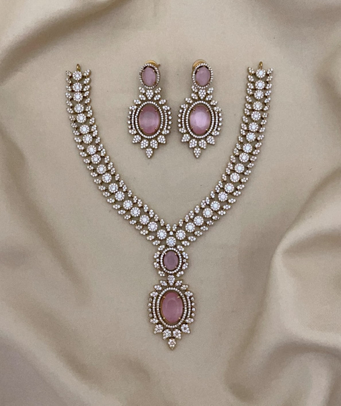 Traditional Bridal Floral Statement AD Necklace Earring Set - Libasaa.com