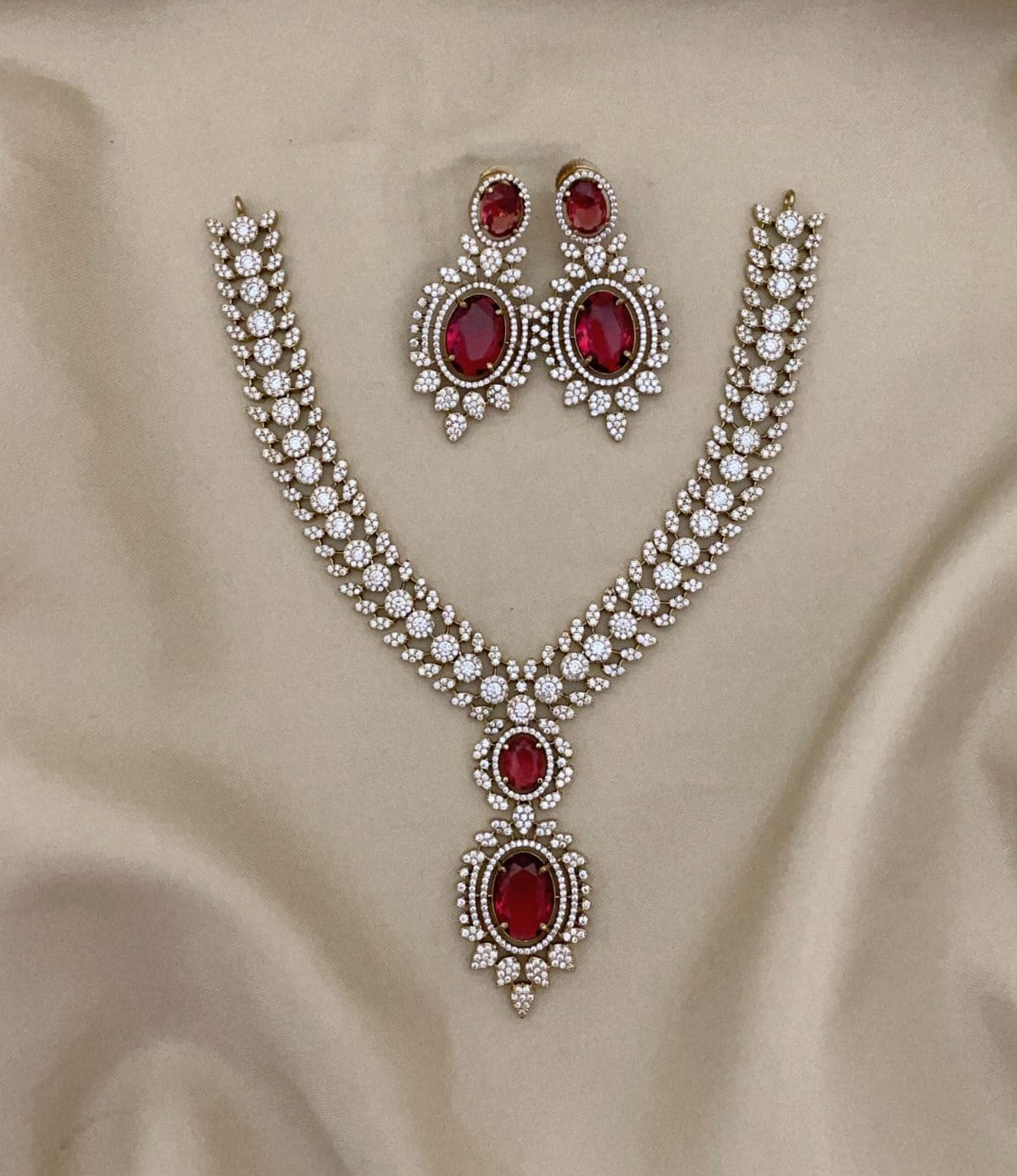 Traditional Bridal Floral Statement AD Necklace Earring Set - Libasaa.com