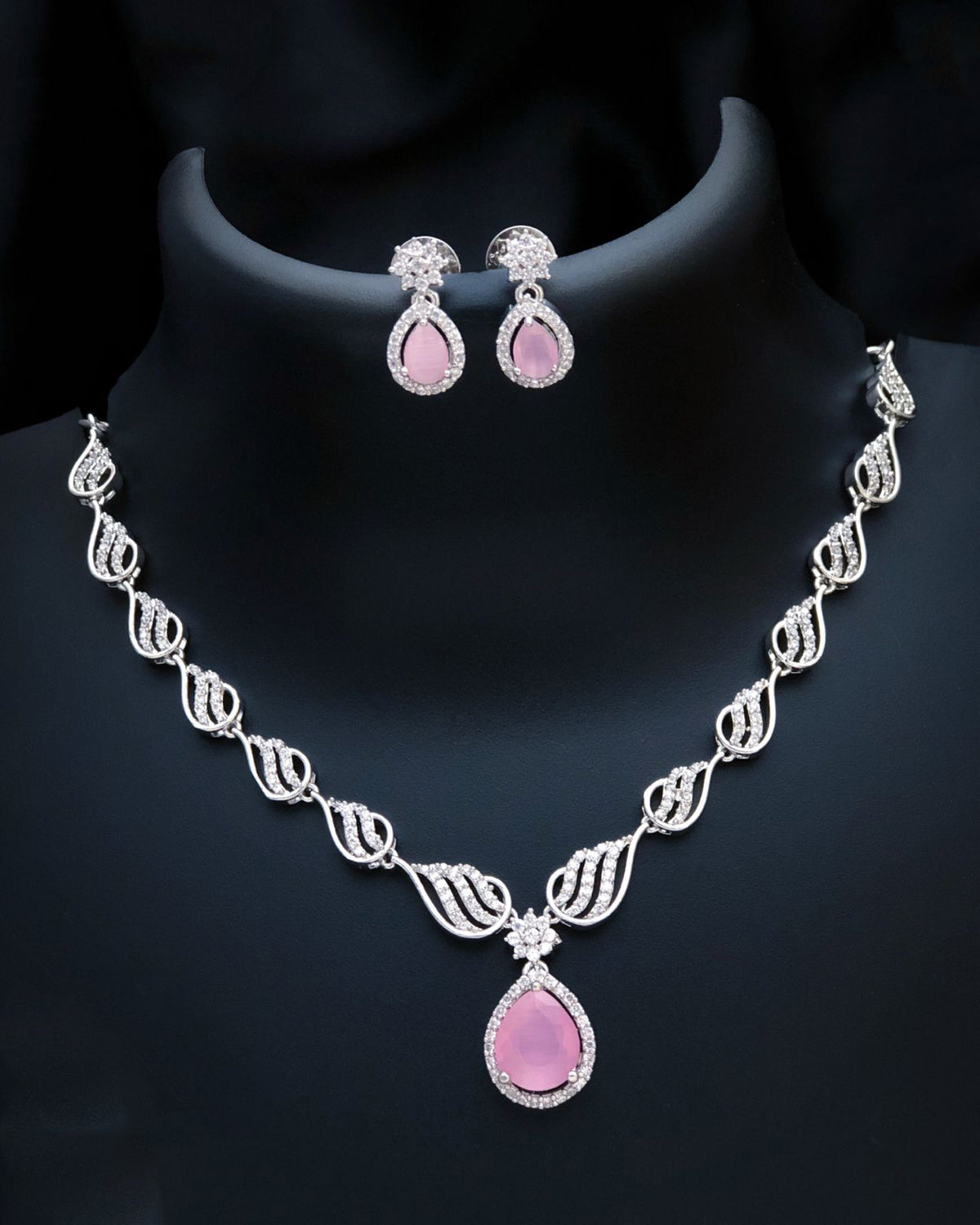 Stylish American Diamond Statement Silver Plated Necklace Earring Set - Libasaa.com