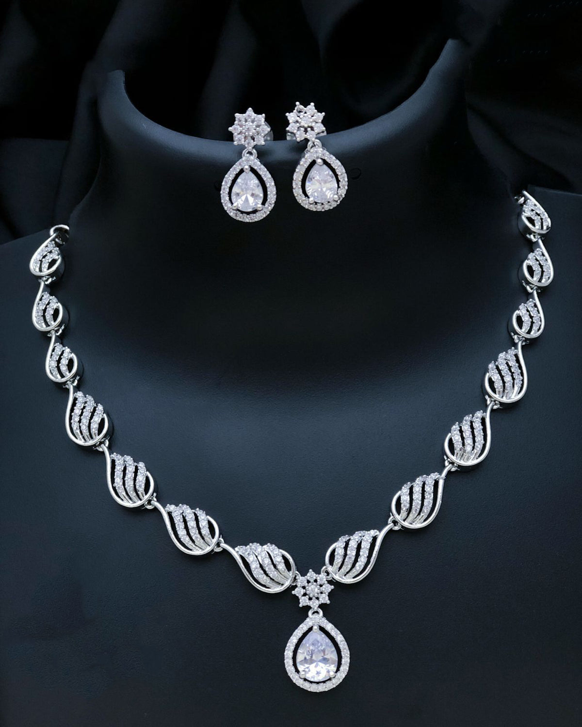 Stylish American Diamond Statement Silver Plated Necklace Earring Set - Libasaa.com