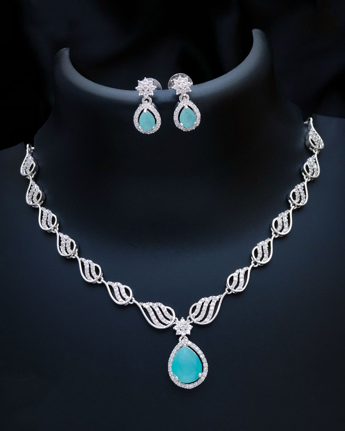 Stylish American Diamond Statement Silver Plated Necklace Earring Set - Libasaa.com