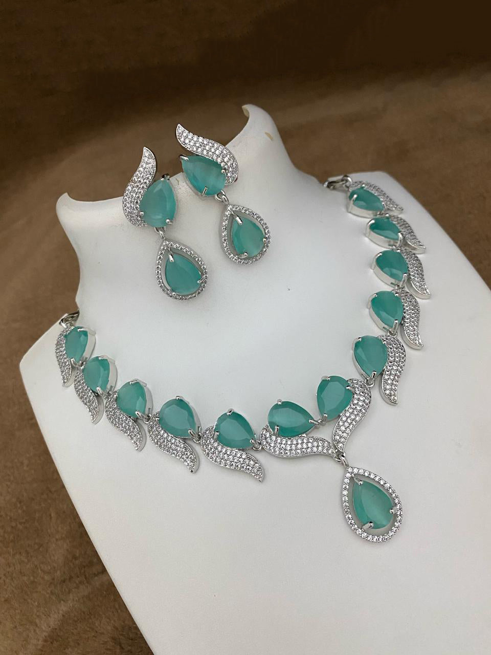 Pakistani Teardop CZ Silver Plated AD Necklace Earring Set For Wedding - Libasaa.com