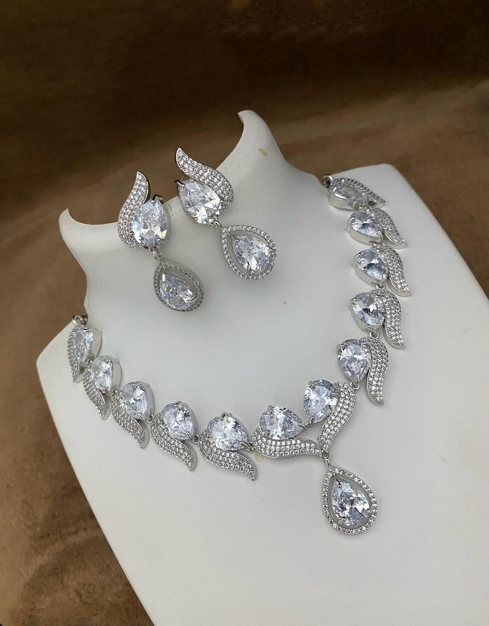 Pakistani Teardop CZ Silver Plated AD Necklace Earring Set For Wedding - Libasaa.com