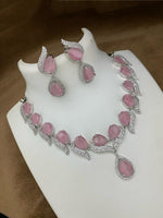 Pakistani Teardop CZ Silver Plated AD Necklace Earring Set For Wedding - Libasaa.com