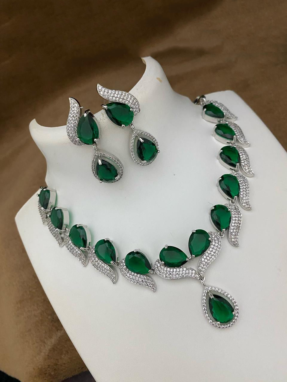 Pakistani Teardop CZ Silver Plated AD Necklace Earring Set For Wedding - Libasaa.com