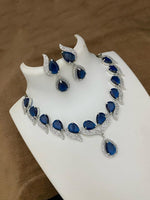 Pakistani Teardop CZ Silver Plated AD Necklace Earring Set For Wedding - Libasaa.com