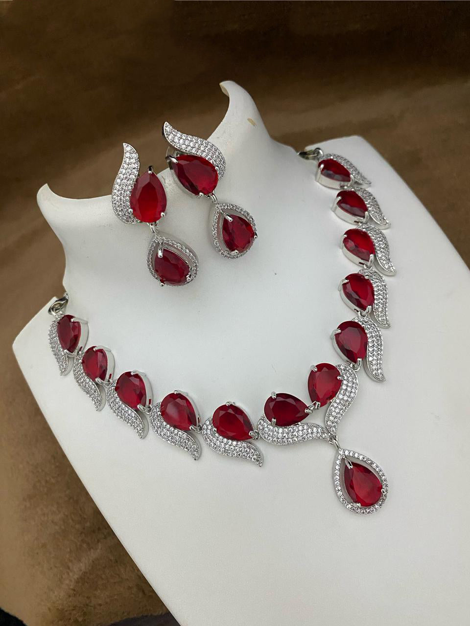 Pakistani Teardop CZ Silver Plated AD Necklace Earring Set For Wedding - Libasaa.com