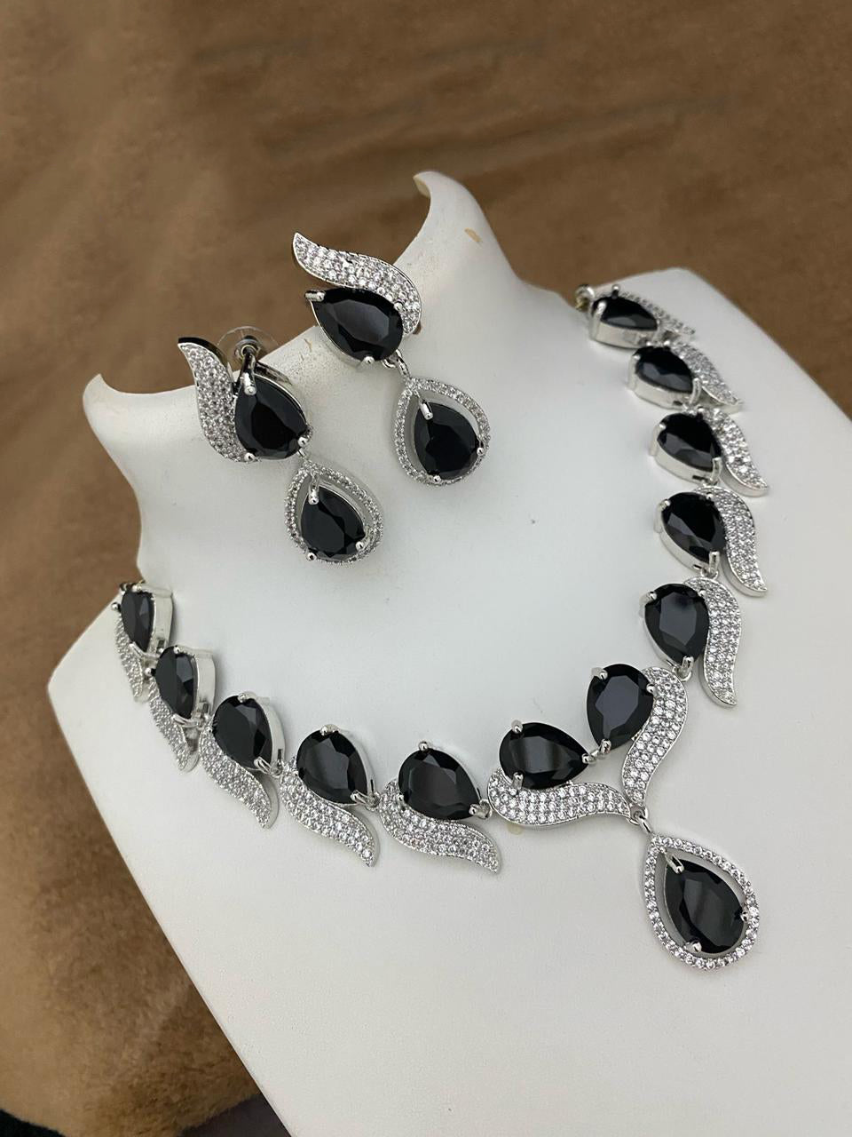 Pakistani Teardop CZ Silver Plated AD Necklace Earring Set For Wedding - Libasaa.com