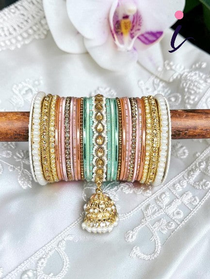 Pink & Mint Bridal Jhumki Bangles Set, Stones Pearl work, Wedding bangles, Indian Jewelry, Bridal Bangles Wedding Navratri Bollywood Bangles