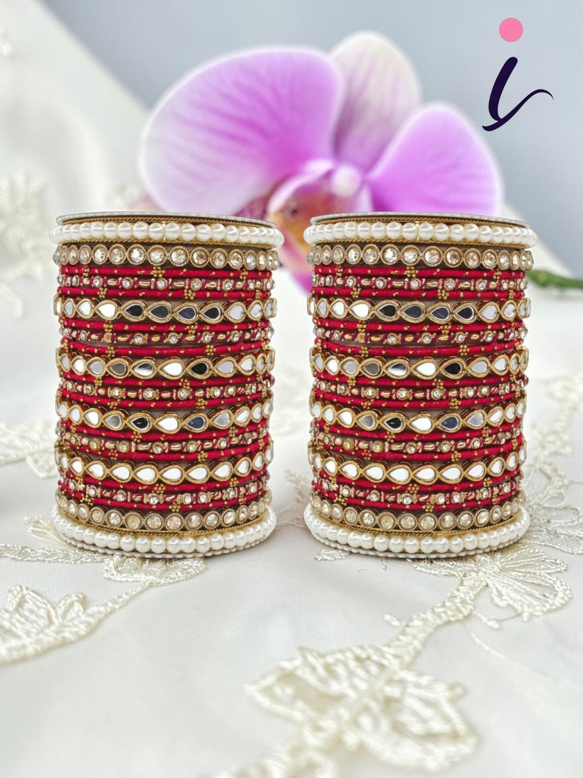 Stone Pearl Drop Mirror Bridal Bangle Set, Traditional Indian Asian Wedding Churiyan for Women