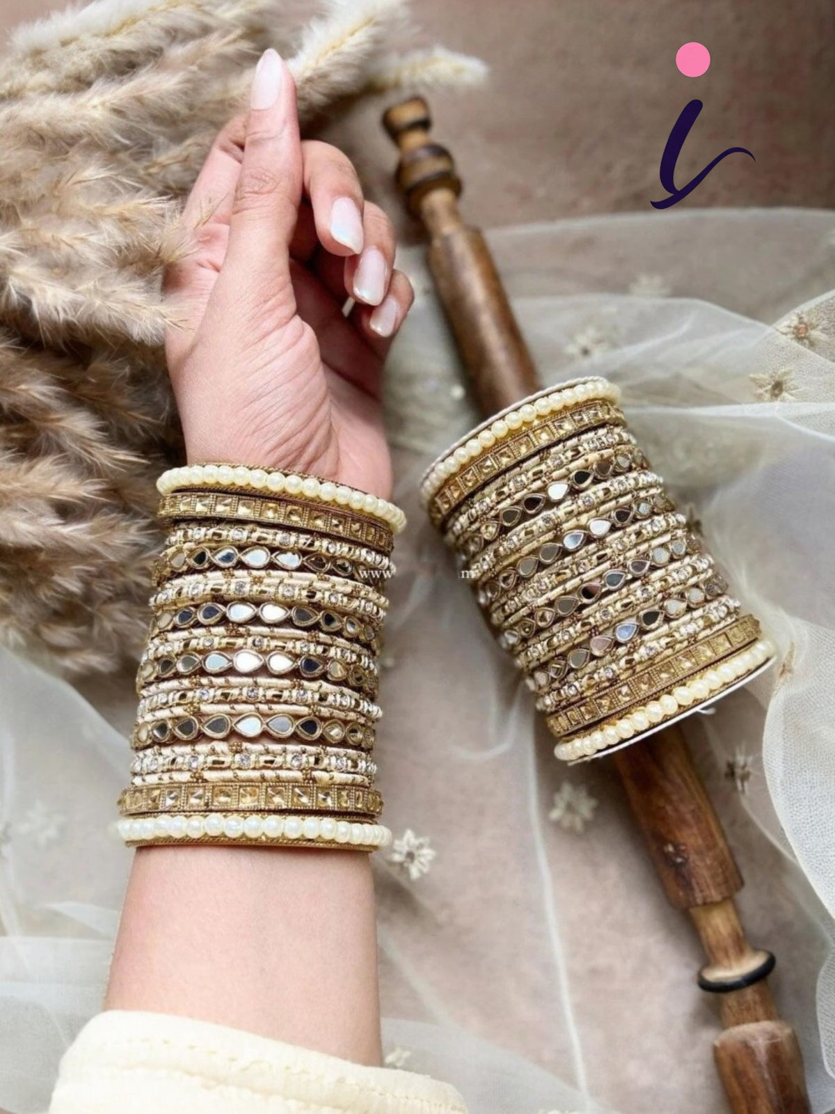 Stone Pearl Drop Mirror Bridal Bangle Set, Traditional Indian Asian Wedding Churiyan for Women