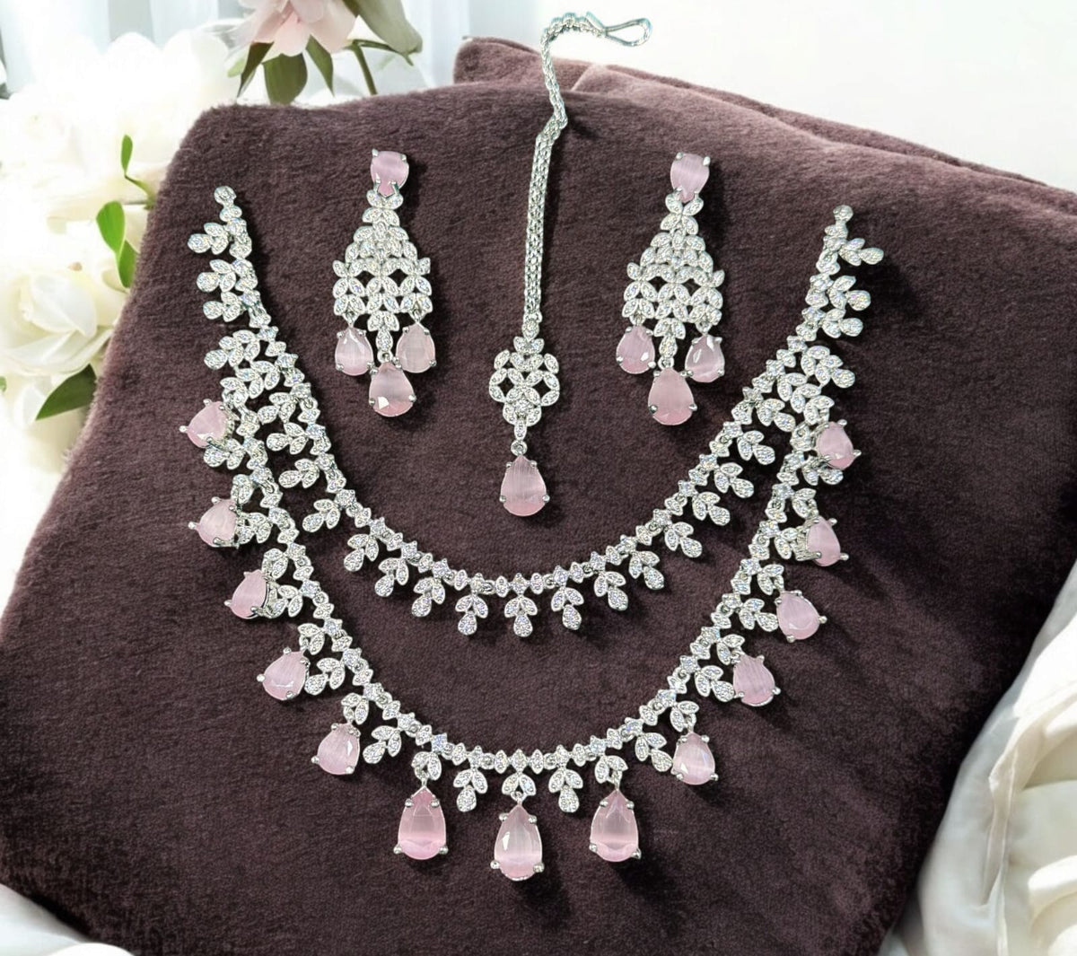 Floral Double Layer AD Choker Earrings Set | Kundan Jewelry | AD Jewelry | Indian Jewelry | Traditional Jewelry - Libasaa.com