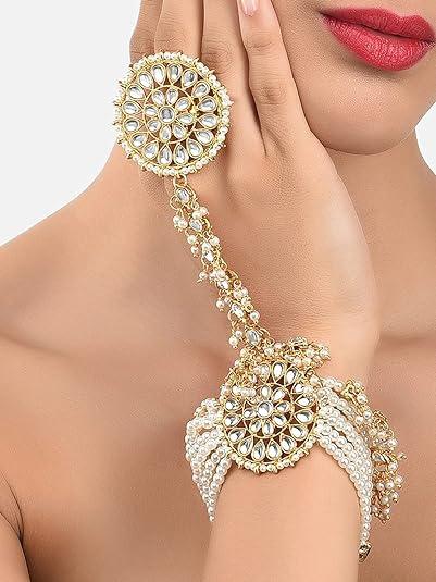 White Kundan Stones & Pearl Adjustable Haath Phool, Panja Bracelet, Gold Plated Ring Bracelet, Indian Jewelry | Gifts for Her - Libasaa