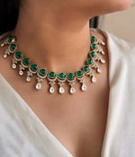 Indian Floral Design Green Stylish Polki Choker Earring Set For Women - Libasaa.com