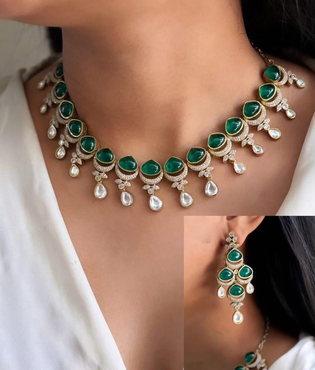 Indian Floral Design Green Stylish Polki Choker Earring Set For Women - Libasaa.com