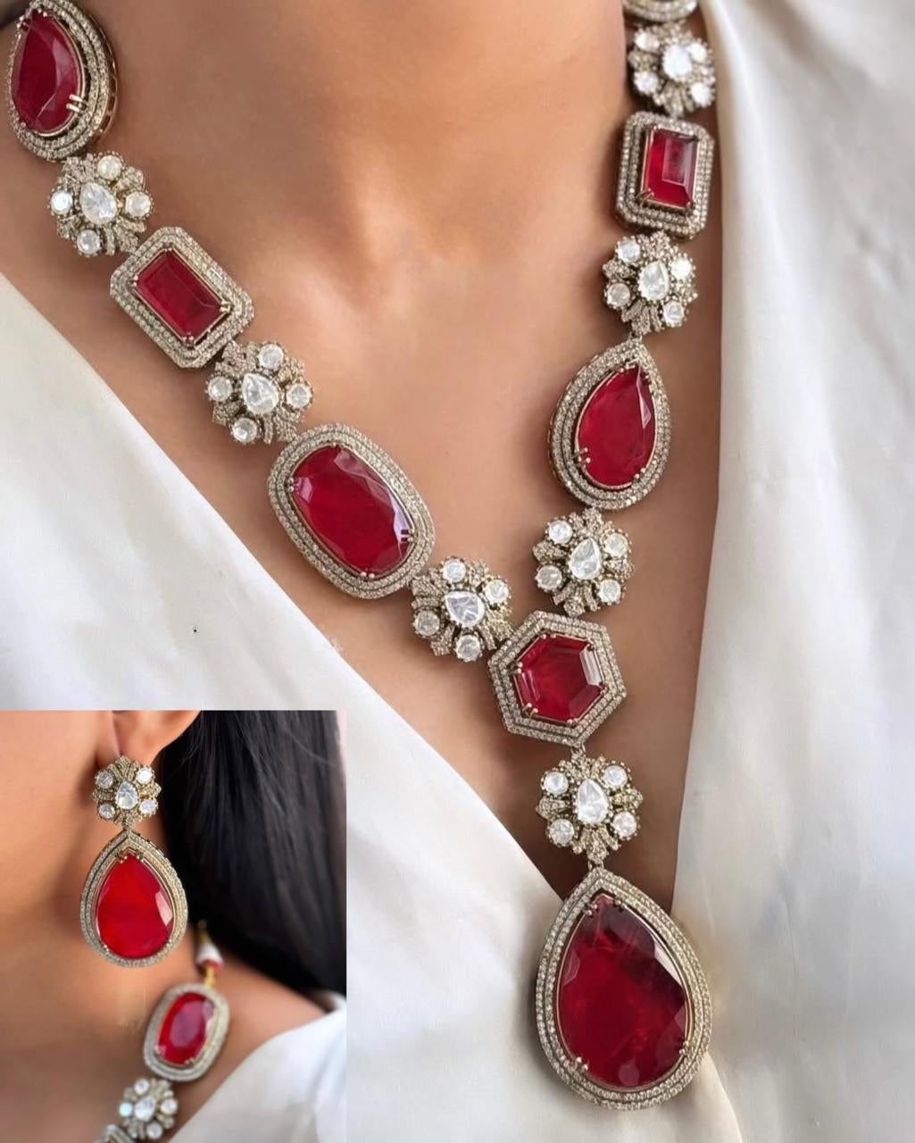 Indian Silver Plated Polki Floral Bridal Necklace Earring Set For Wedding - Libasaa.com