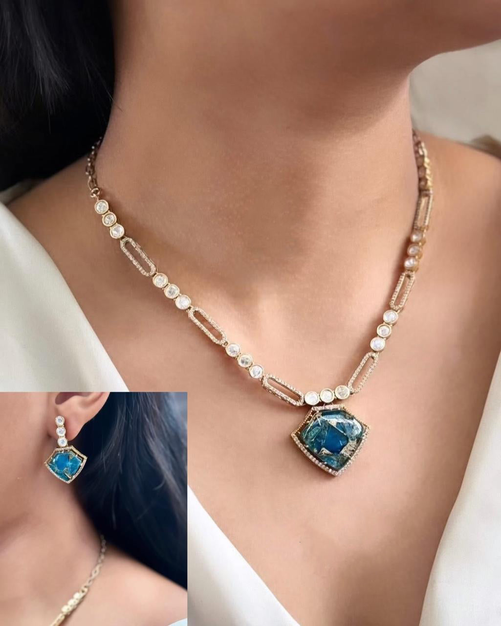 Bridal Gold Plated Polki Statement Necklace Earring Set For Wedding - Libasaa.com