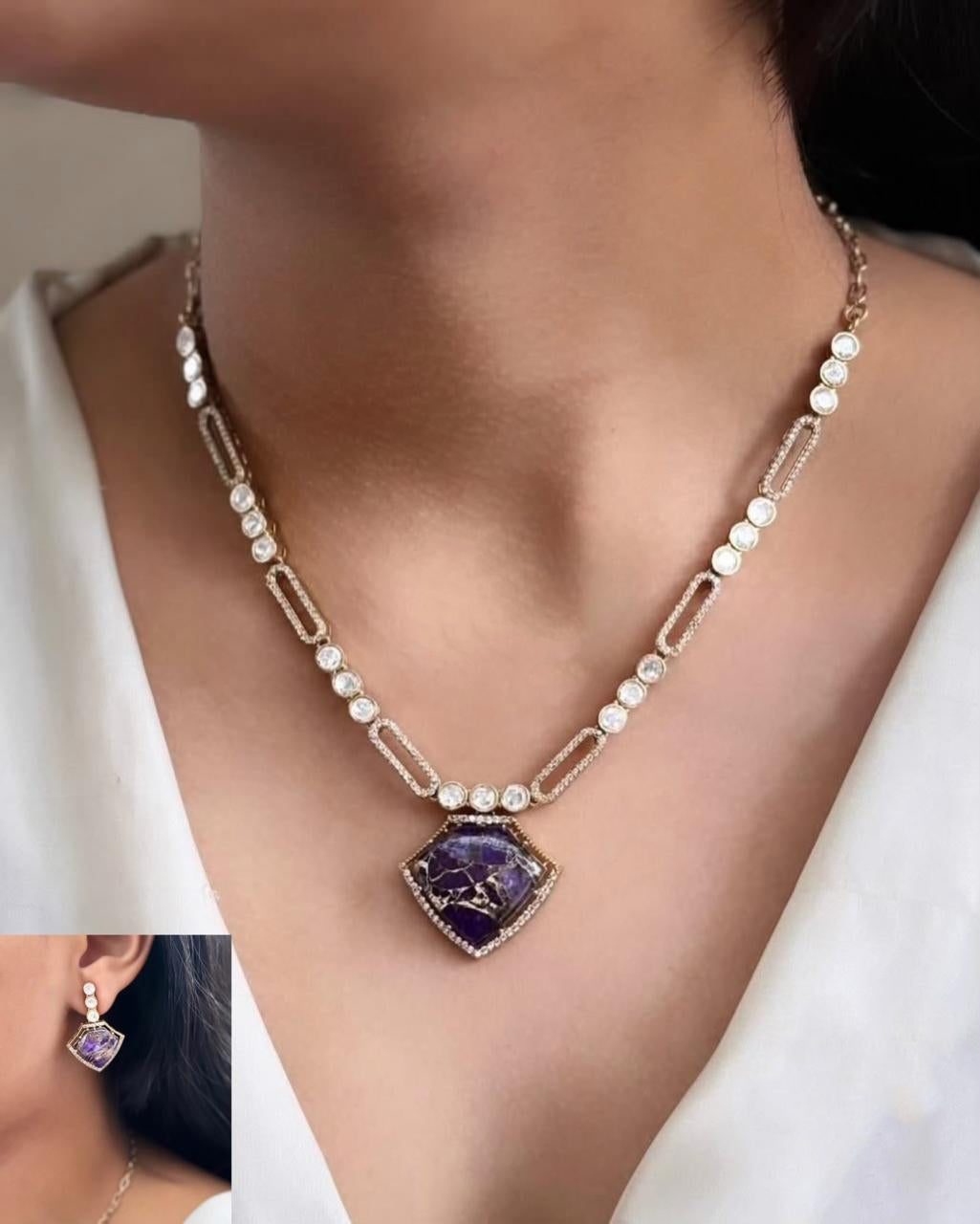 Bridal Gold Plated Polki Statement Necklace Earring Set For Wedding - Libasaa.com