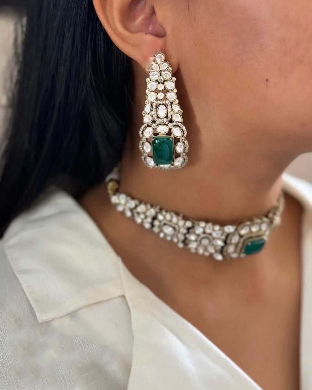 Pakistani Flower Design Polki Wedding Choker Earring Set - Libasaa.com