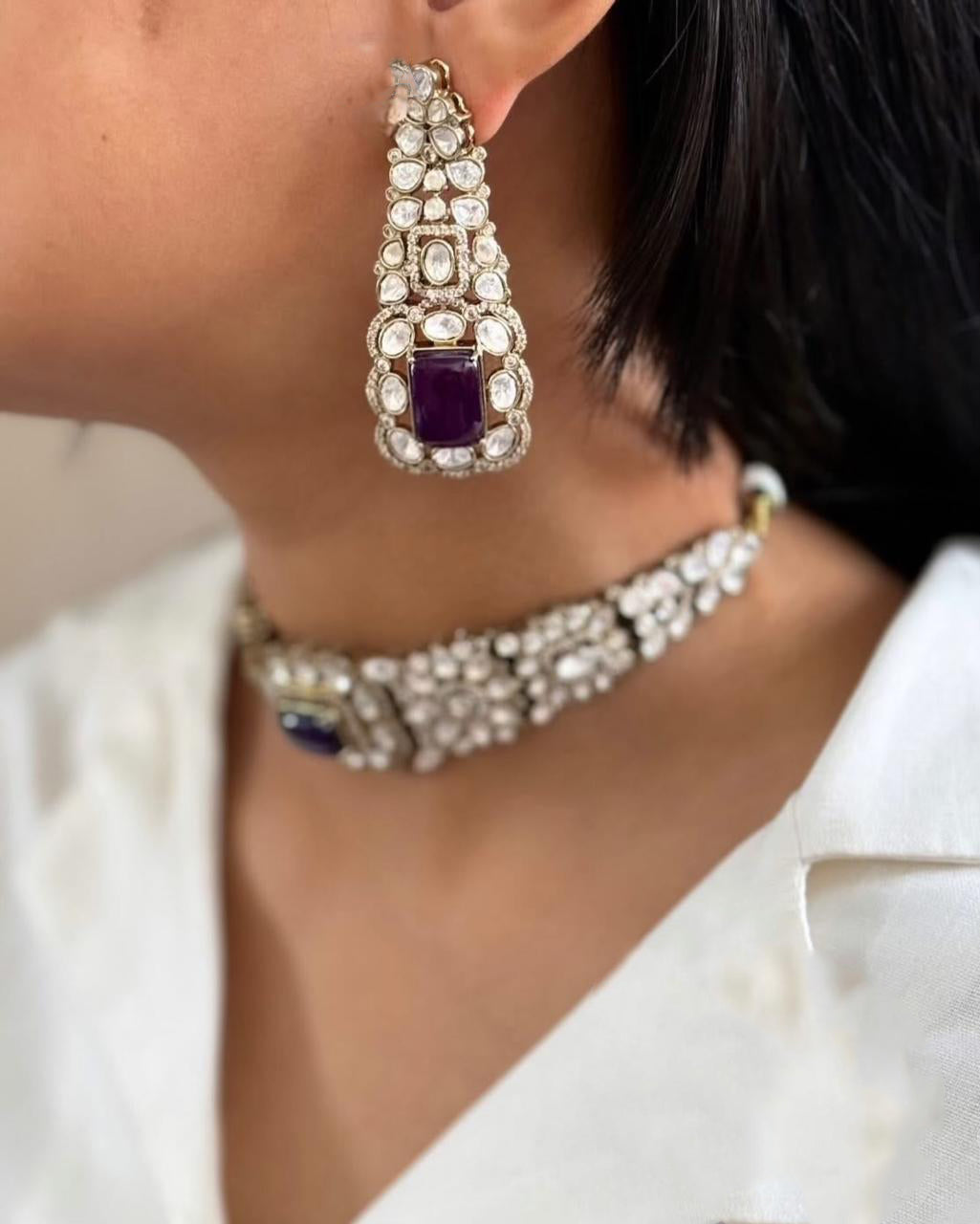 Pakistani Flower Design Polki Wedding Choker Earring Set - Libasaa.com