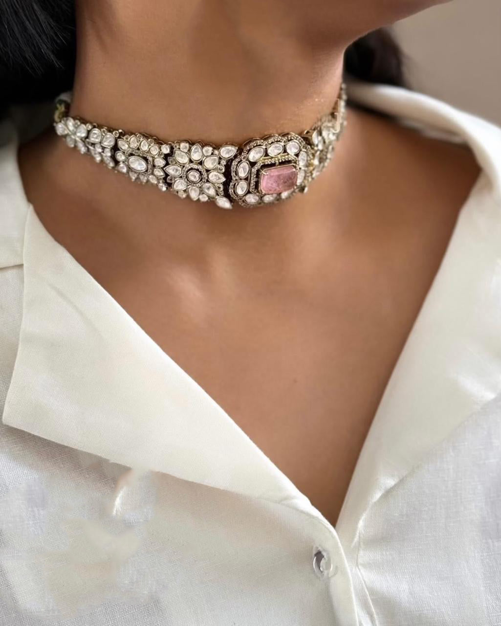 Pakistani Flower Design Polki Wedding Choker Earring Set - Libasaa.com