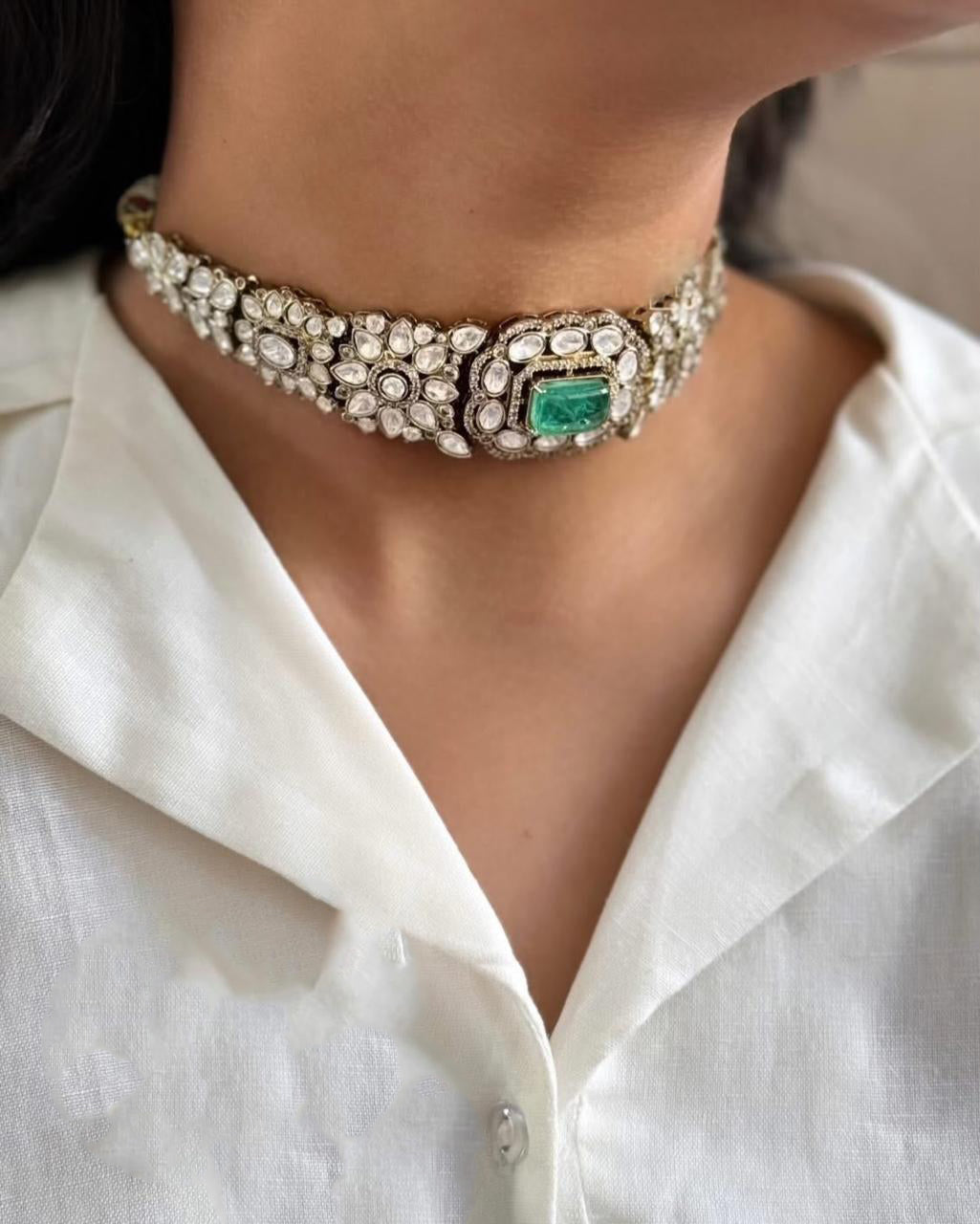 Pakistani Flower Design Polki Wedding Choker Earring Set - Libasaa.com