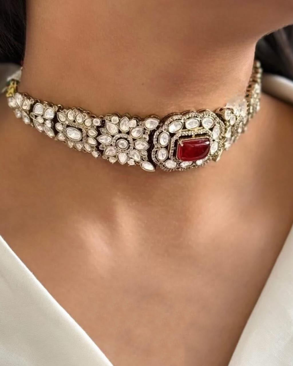 Pakistani Flower Design Polki Wedding Choker Earring Set - Libasaa.com