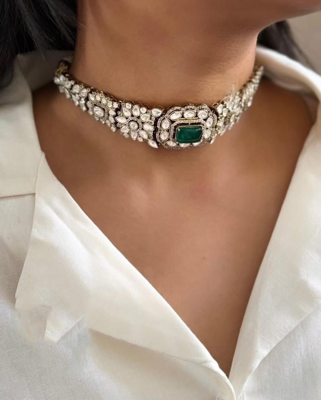 Pakistani Flower Design Polki Wedding Choker Earring Set - Libasaa.com