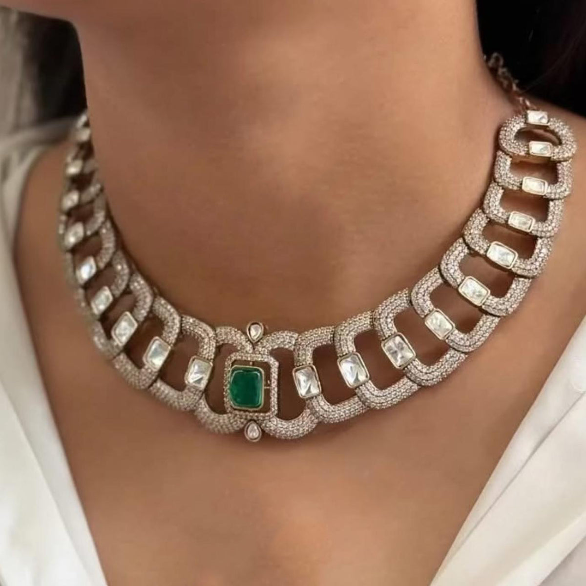 Green Stylish Polki Choker Indian Jewelry For Wedding - Libasaa.com