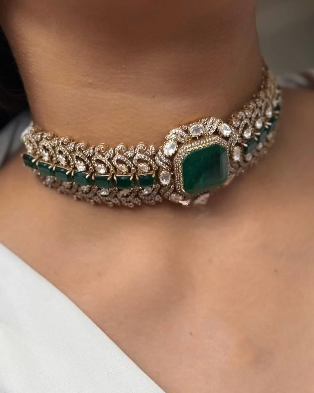Green Wedding Gold Plated Polki Choker Earring Set For Women - Libasaa.com