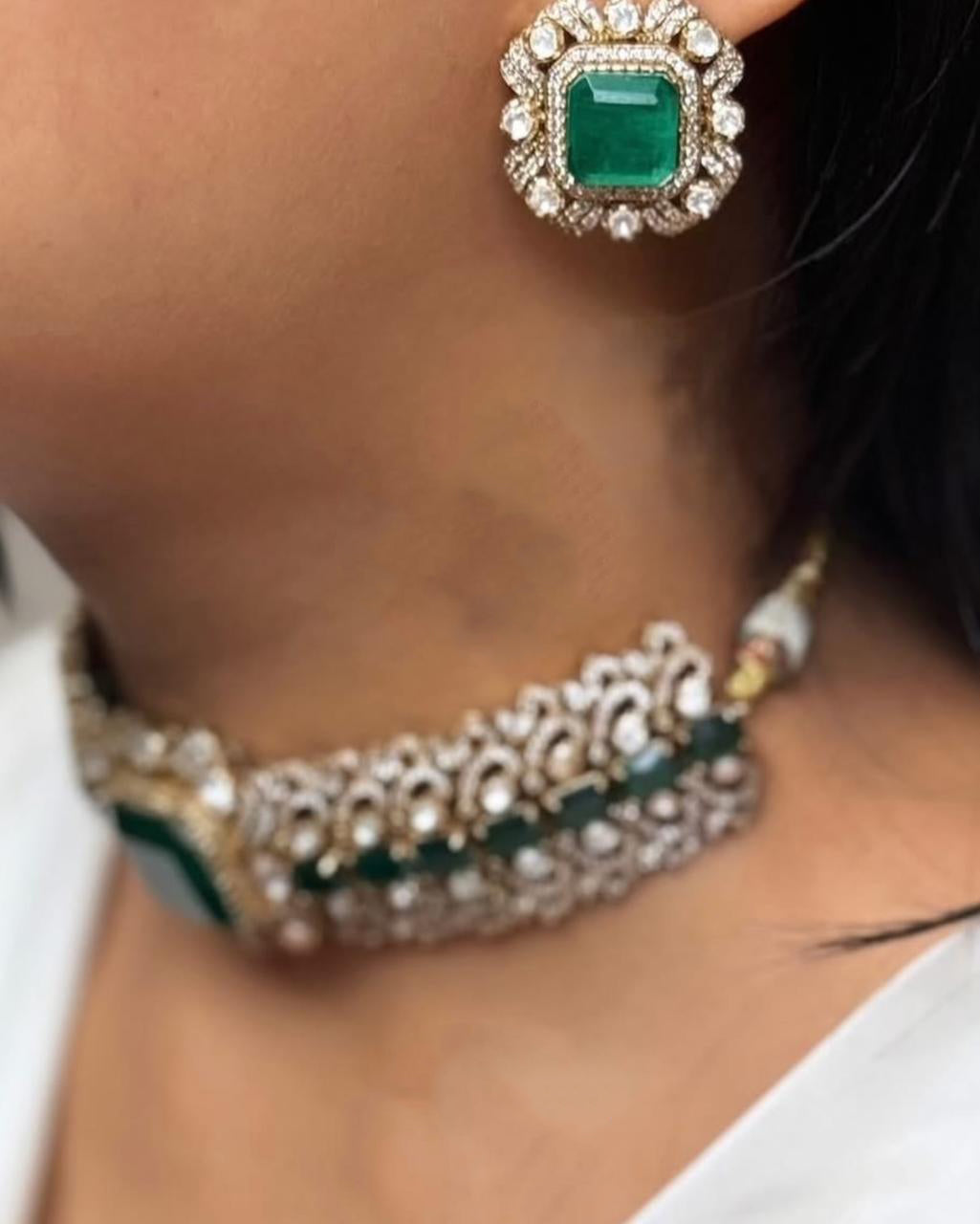 Green Wedding Gold Plated Polki Choker Earring Set For Women - Libasaa.com