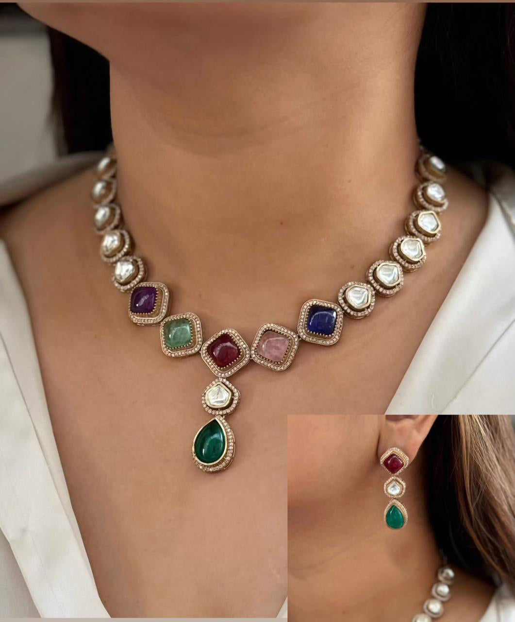 Pakistani Teardrop Wedding Polki Necklace Earring Set - Libasaa.com