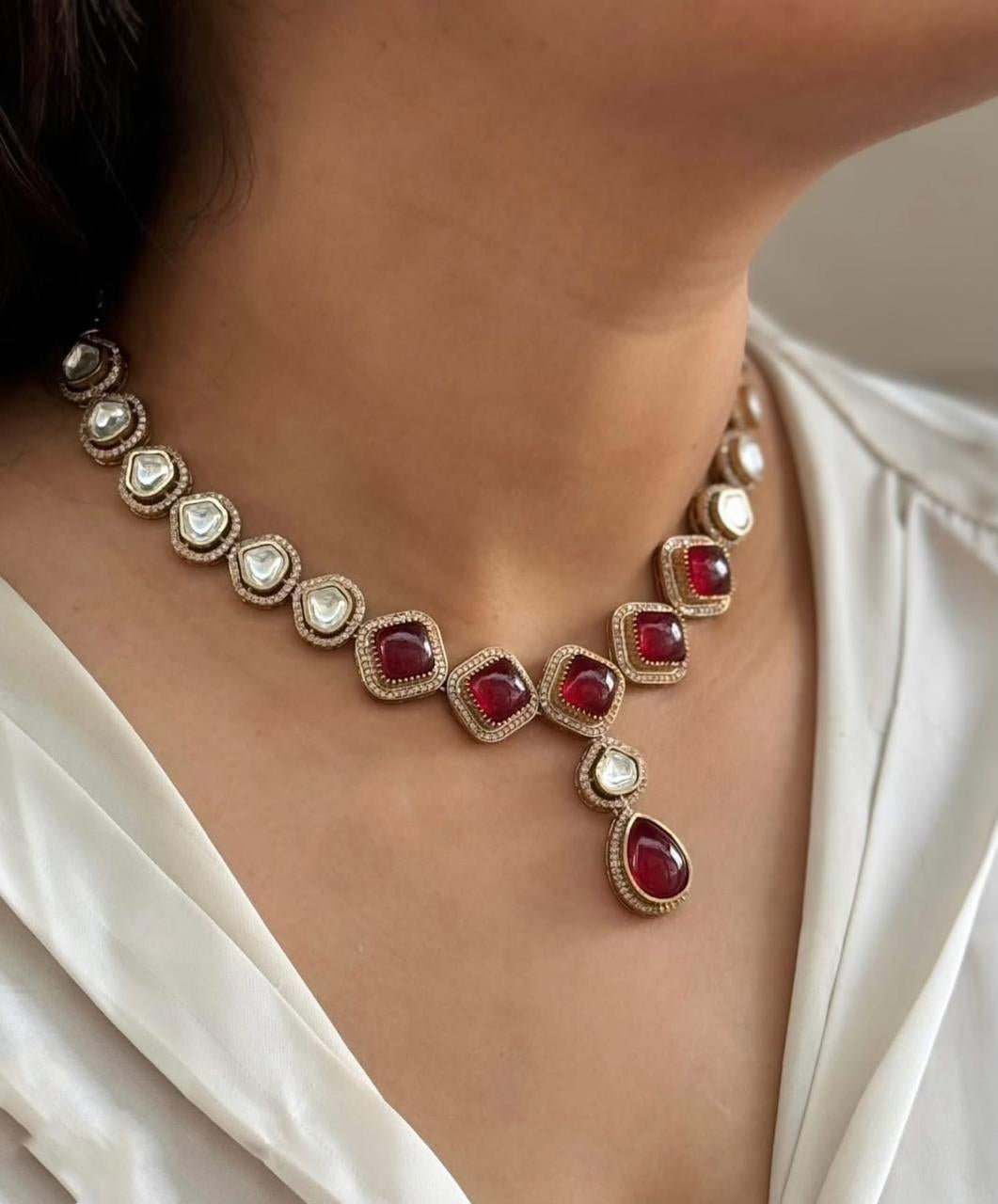 Pakistani Teardrop Wedding Polki Necklace Earring Set - Libasaa.com