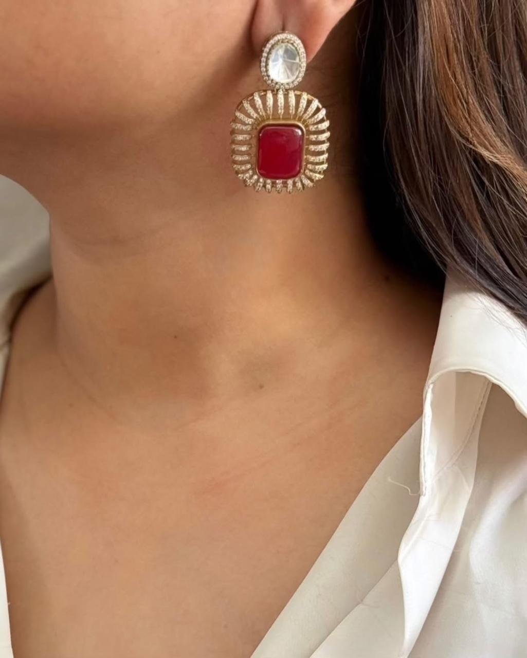 Stylish Square Shaped Stone Polki Choker Earring Indian Jewelry Set - Libasaa.com