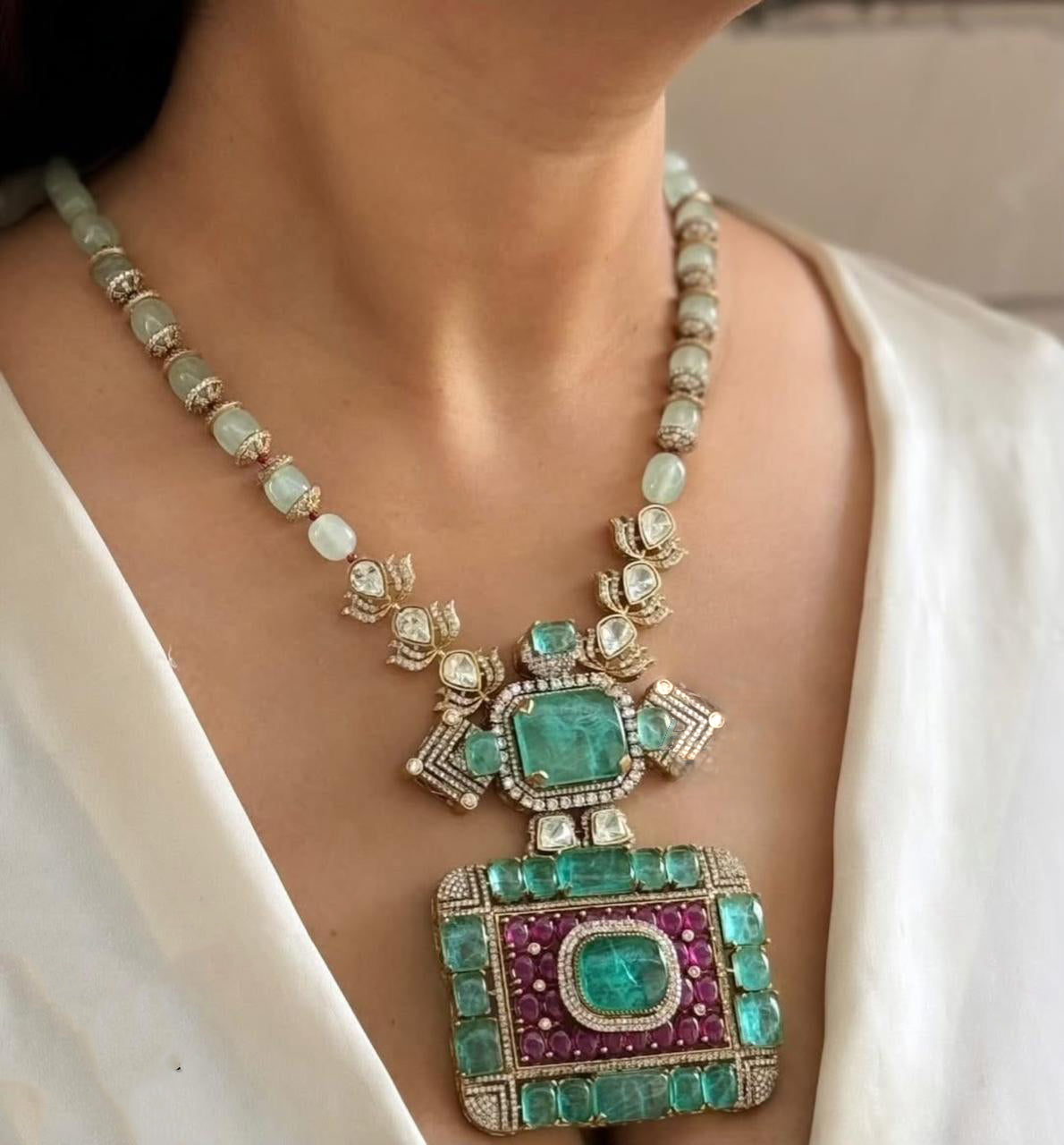 Indian Royal Squaral Mint Polki Necklace Earring Set For Wedding - Libasaa.com