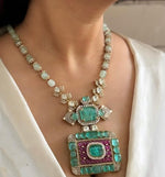 Indian Royal Squaral Mint Polki Necklace Earring Set For Wedding - Libasaa.com
