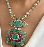 Indian Royal Squaral Mint Polki Necklace Earring Set For Wedding - Libasaa.com