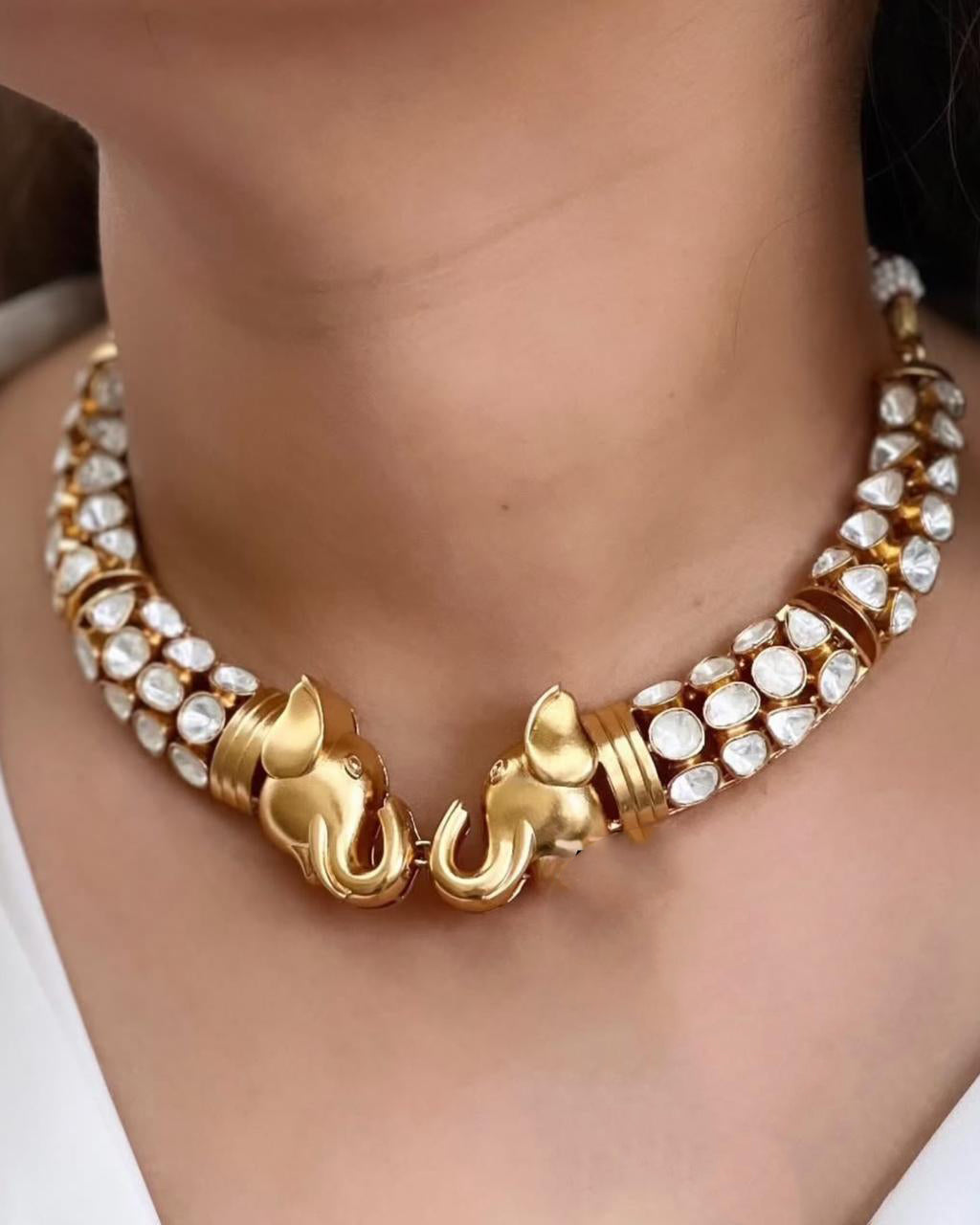 Indian Elephant Design Gold Plated Polki Choker Earring Set For Wedding - Libasaa.com