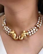 Indian Elephant Design Gold Plated Polki Choker Earring Set For Wedding - Libasaa.com