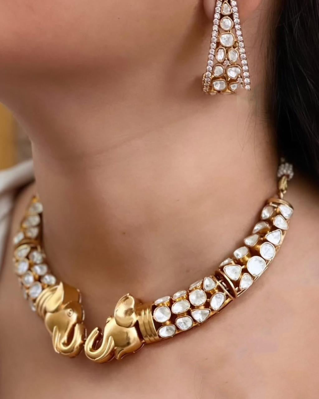 Indian Elephant Design Gold Plated Polki Choker Earring Set For Wedding - Libasaa.com