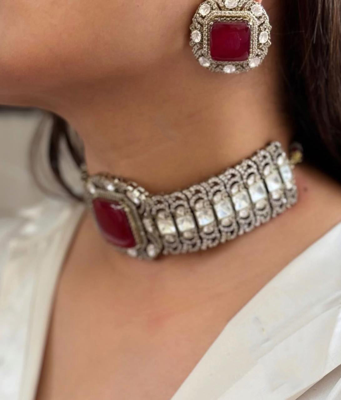 Pakistani Wedding Silver Plated Polki Choker Earring Set - Libasaa.com