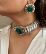 Pakistani Wedding Silver Plated Polki Choker Earring Set - Libasaa.com