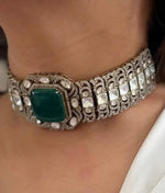 Pakistani Wedding Silver Plated Polki Choker Earring Set - Libasaa.com