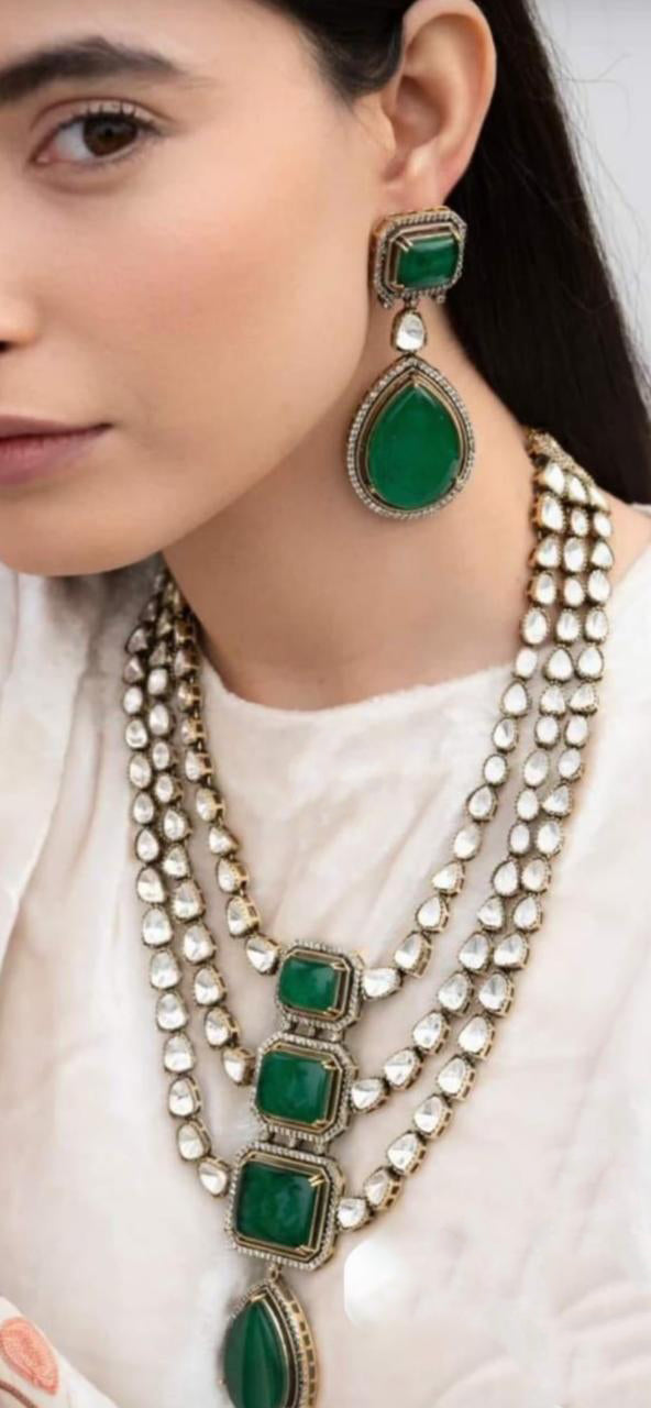 Indian Bollywood Tripple Layer Polki Necklace Earring Set For Wedding - Libasaa.com