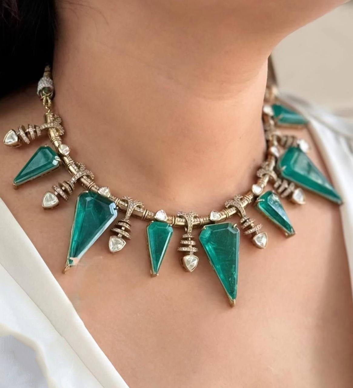 Emerald Green Statement Necklace Set – Geometric Gemstone Choker & Earrings for Women - Libasaa.com