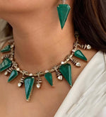 Emerald Green Statement Necklace Set – Geometric Gemstone Choker & Earrings for Women - Libasaa.com