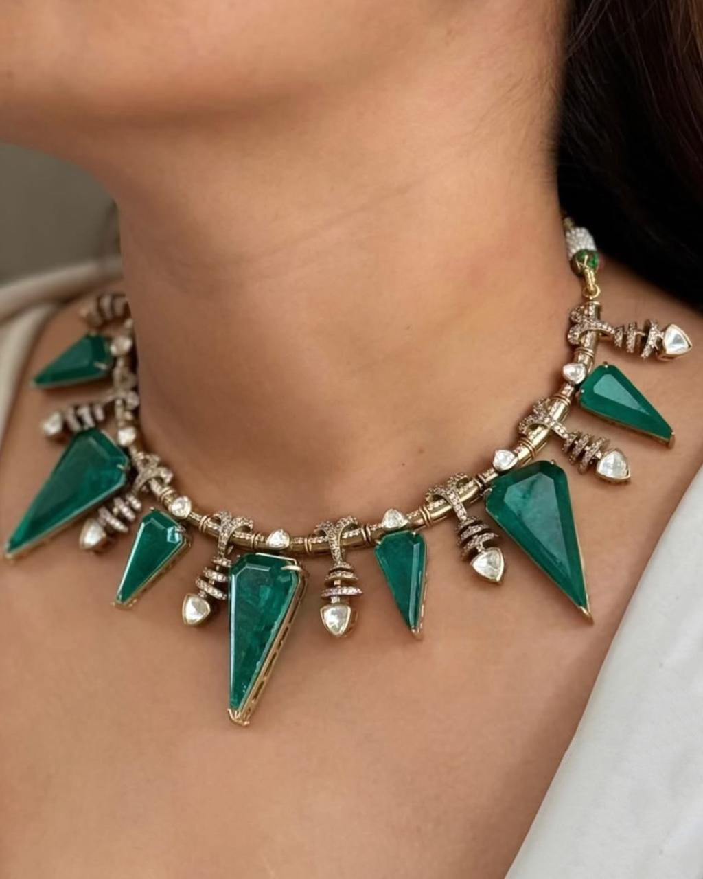 Emerald Green Statement Necklace Set – Geometric Gemstone Choker & Earrings for Women - Libasaa.com