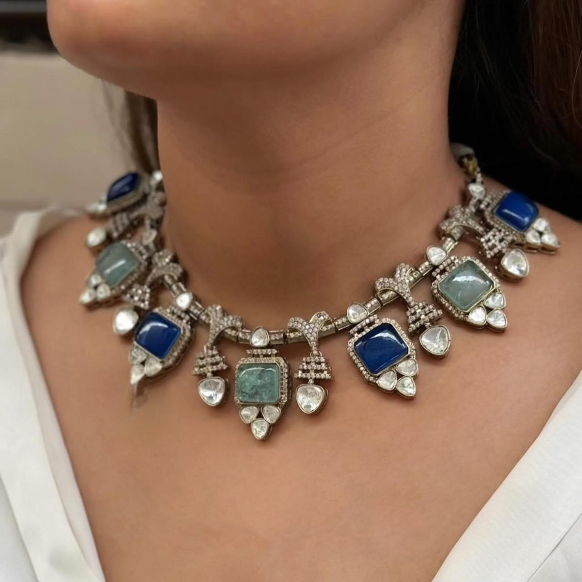 Handcrafted Indian Traditional Polki Choker Earring Set For Wedding - Libasaa.com