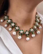 Green Flower Design Polki Kundan Choker Earring Set For Bridal Wedding - Libasaa.com