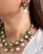 Green Flower Design Polki Kundan Choker Earring Set For Bridal Wedding - Libasaa.com